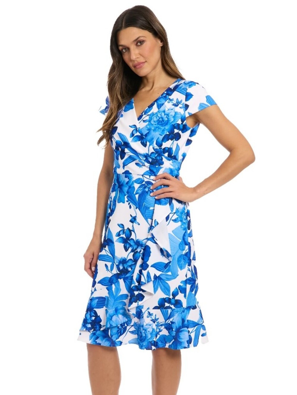 London Times NWT 20W Blue White Floral Ruffle Wrap Midi Dress $109